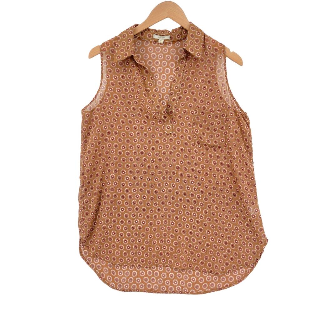 Pleione Tank Top Women Large Light Brown Floral Chiffon Collared V Neck Pullover